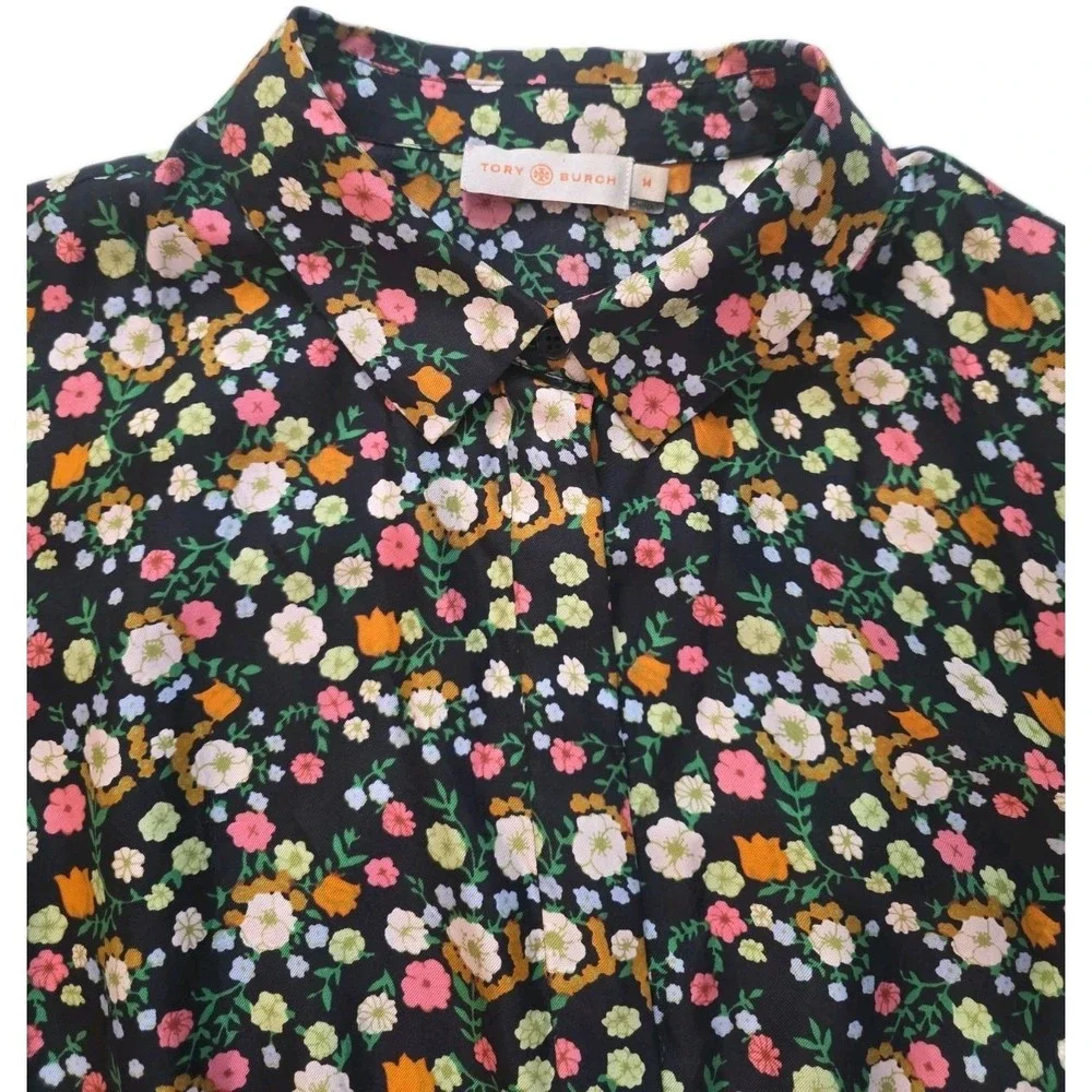 Tory Burch Ryder Silk Floral Shirtdress Villette Mini Black Women's Size 14